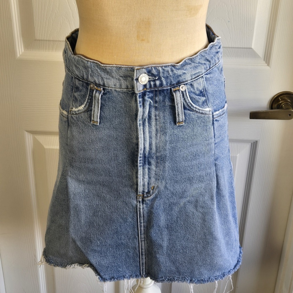 Agolde Denim Mini Skirt Size 24 A Line Frayed Hem Pockets Medium Wash Blue